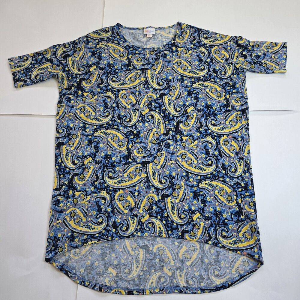 LulaRoe Irma Tunic Women's Size XS Short Sleeve Blue Yellow Paisley Pattern